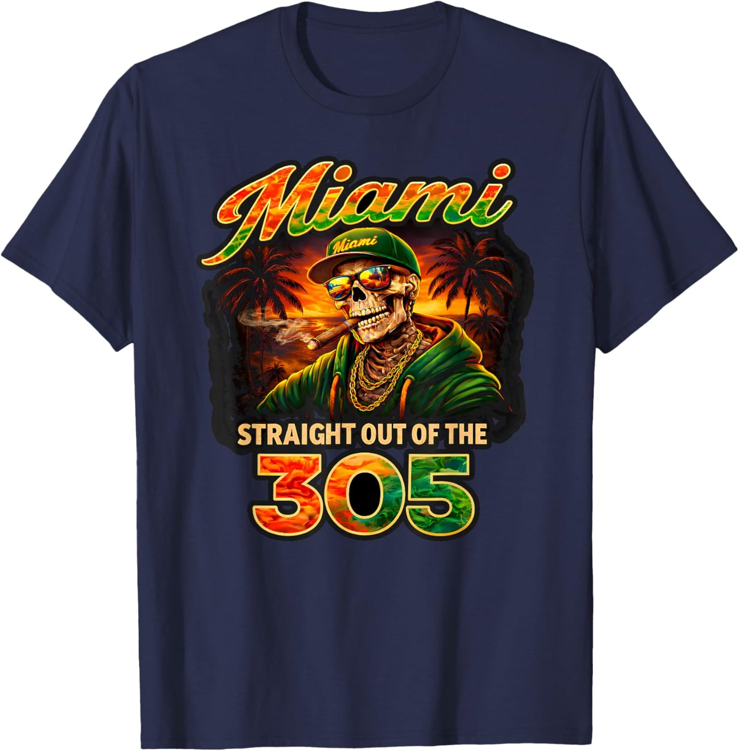 Miami Straight Outta The 305 Skeleton Florida Beach Scene T-Shirt - T-Shirt | Navy