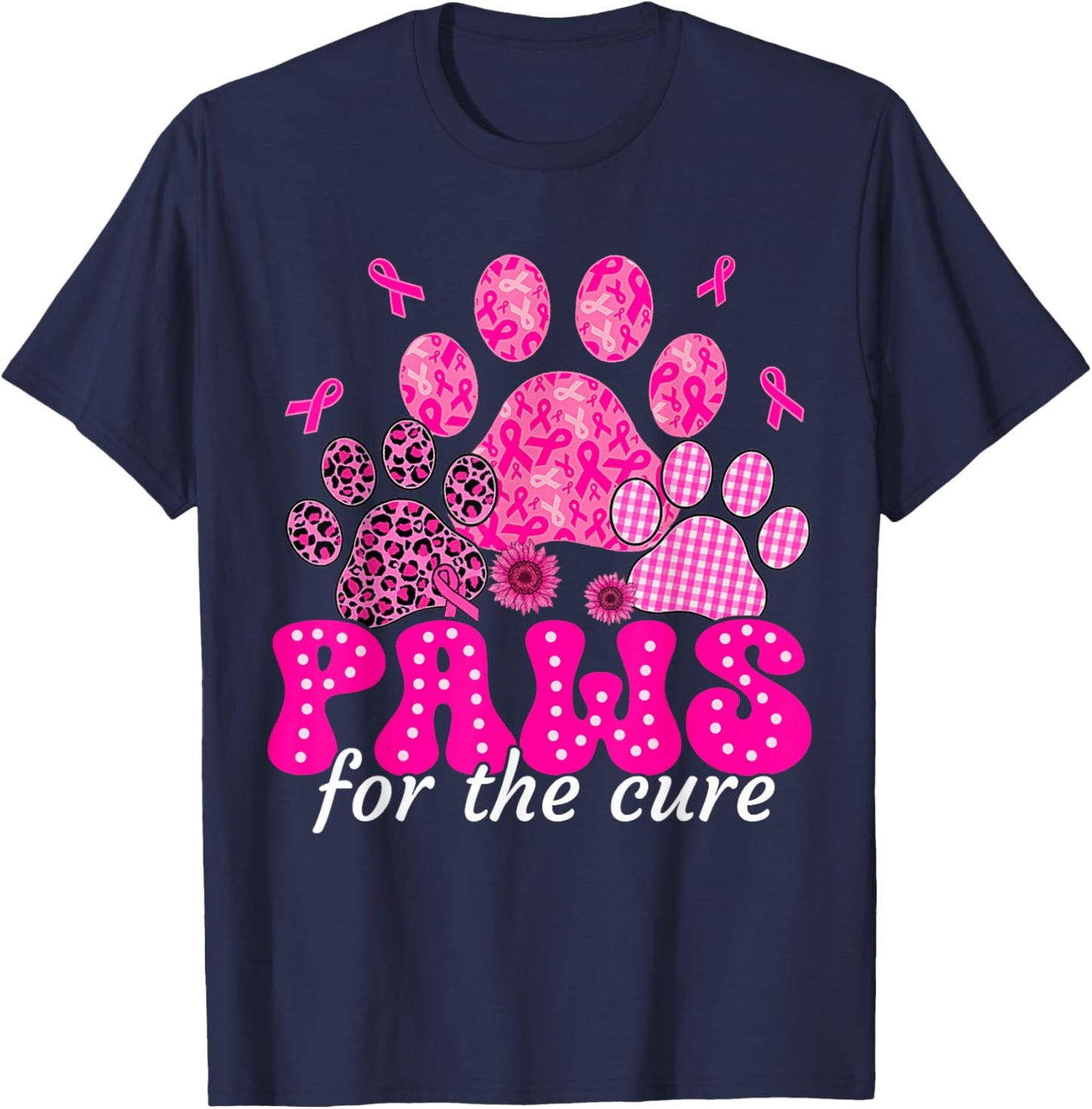 Paws for The Cure Dog Lover Pink Ribbon Breast Cancer Retro T-Shirt - T-Shirt | Navy