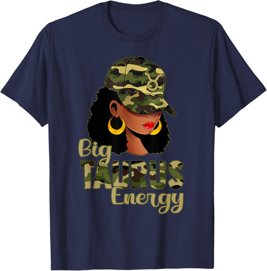 Big Taurus Energy Black Woman Camo Cap Hat Zodiac Sign T-Shirt - T-Shirt | Navy