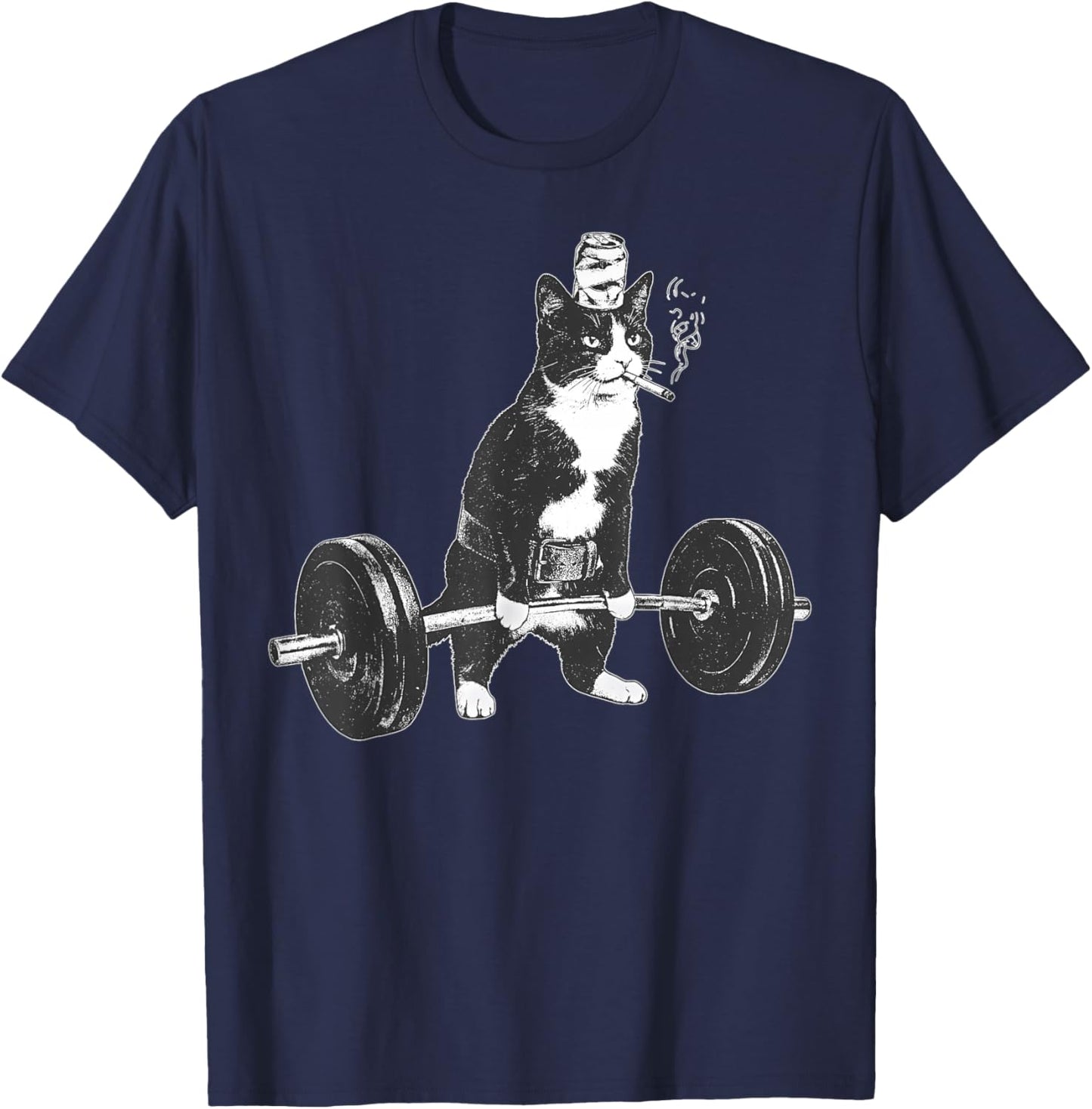 Weightlifting Tuxedo Cat Vintage Kitten Smoking Cigarette T-Shirt - T-Shirt | Navy