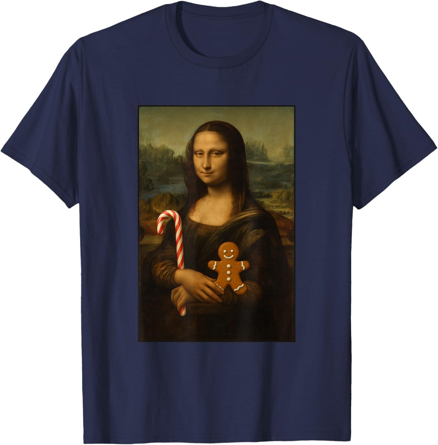 Mona Lisa Candy Gingerbread Cane Funny Christmas Art T-Shirt - T-Shirt | Navy