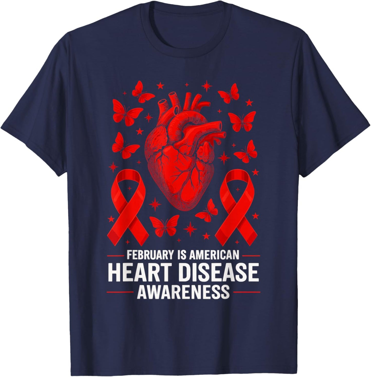 American Heart Disease Awareness Month Ribbon Red Heart T-Shirt - T-Shirt | Navy