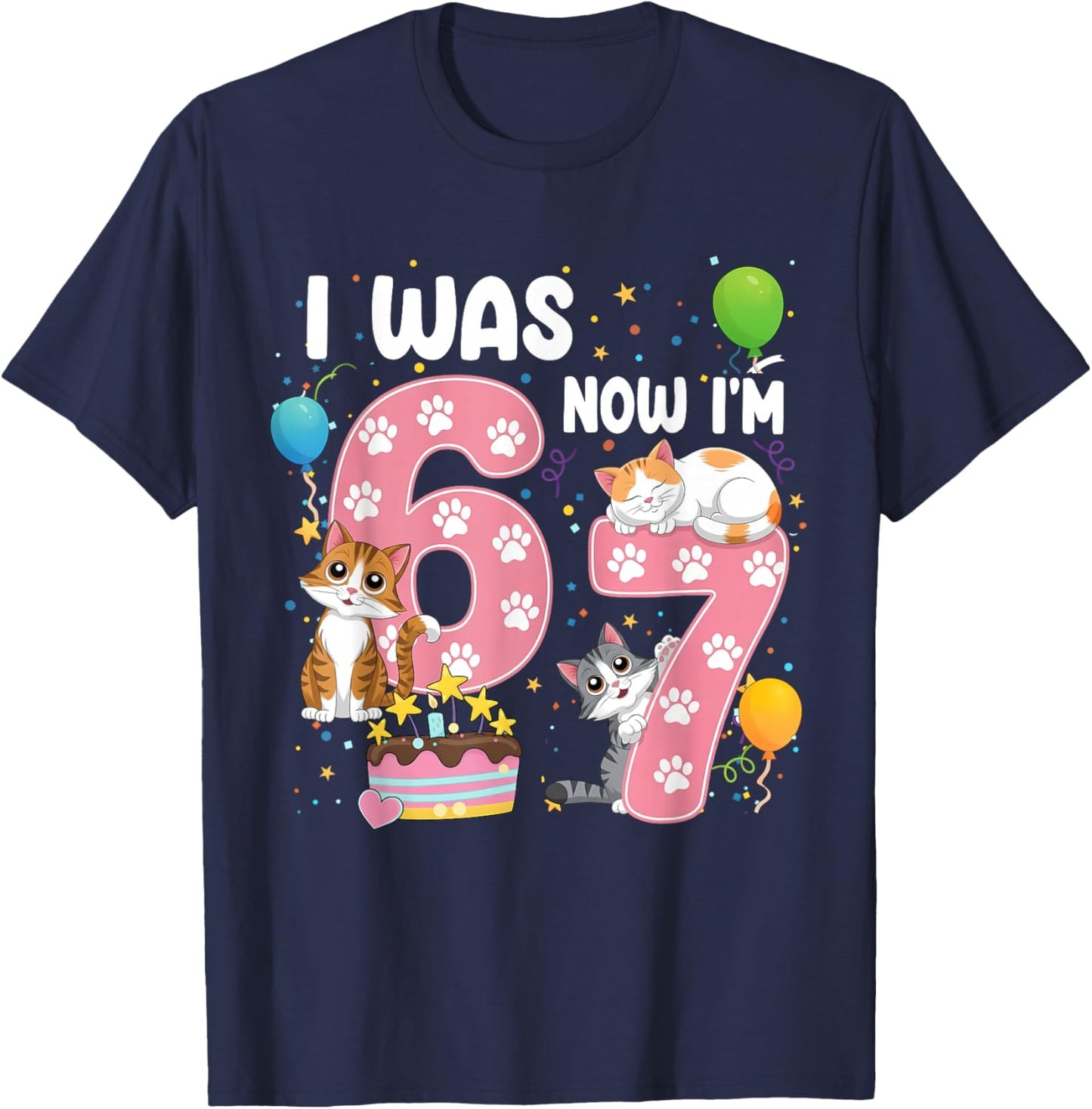 I was 6 Now I'm 7 Kids 7th Cat Birthday Girl Cute Cat Kitten T-Shirt - T-Shirt | Navy
