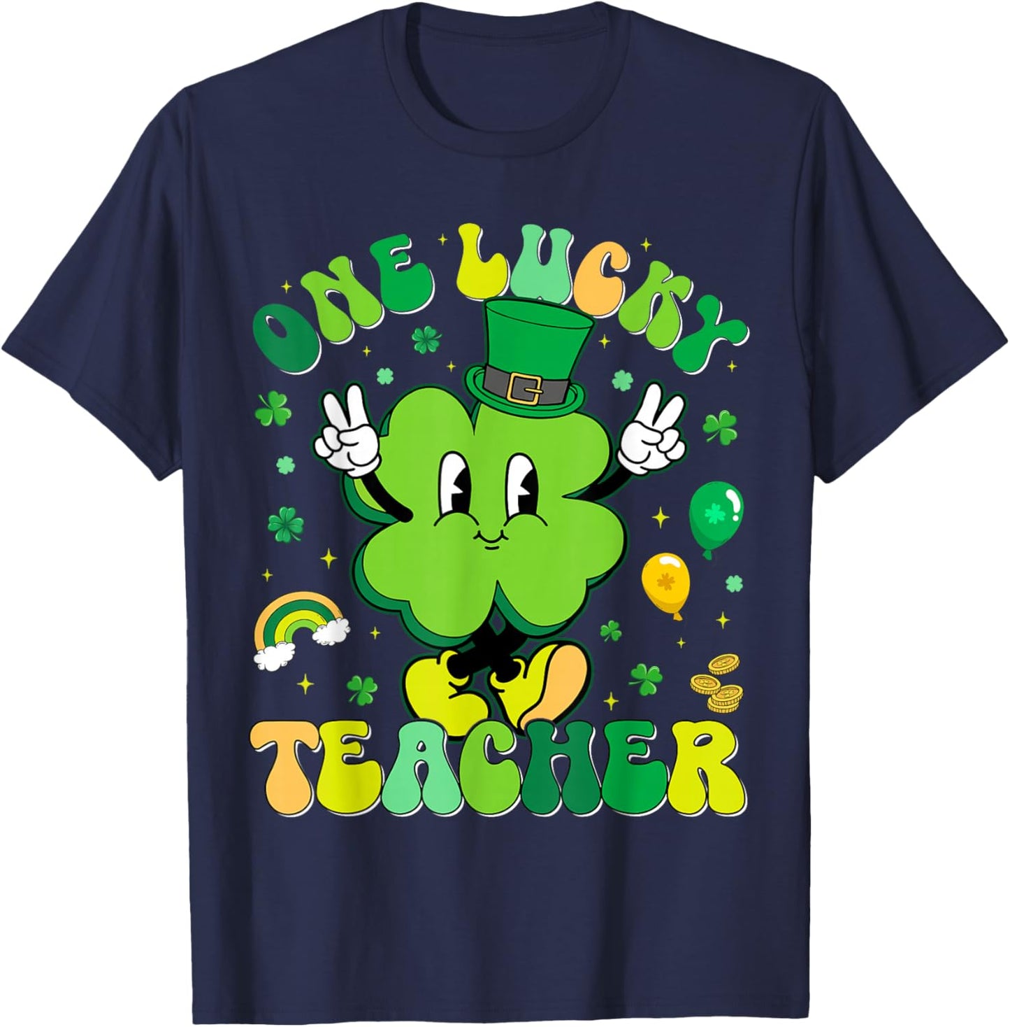 One Lucky Teacher Shamrock Retro Funny St Patricks Men Women T-Shirt - T-Shirt | Navy