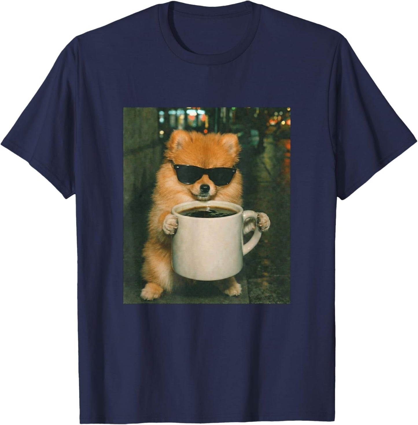 Funny Pomeranian Drinking Coffee Meme Retro Urban Gen Z T-Shirt - T-Shirt | Navy