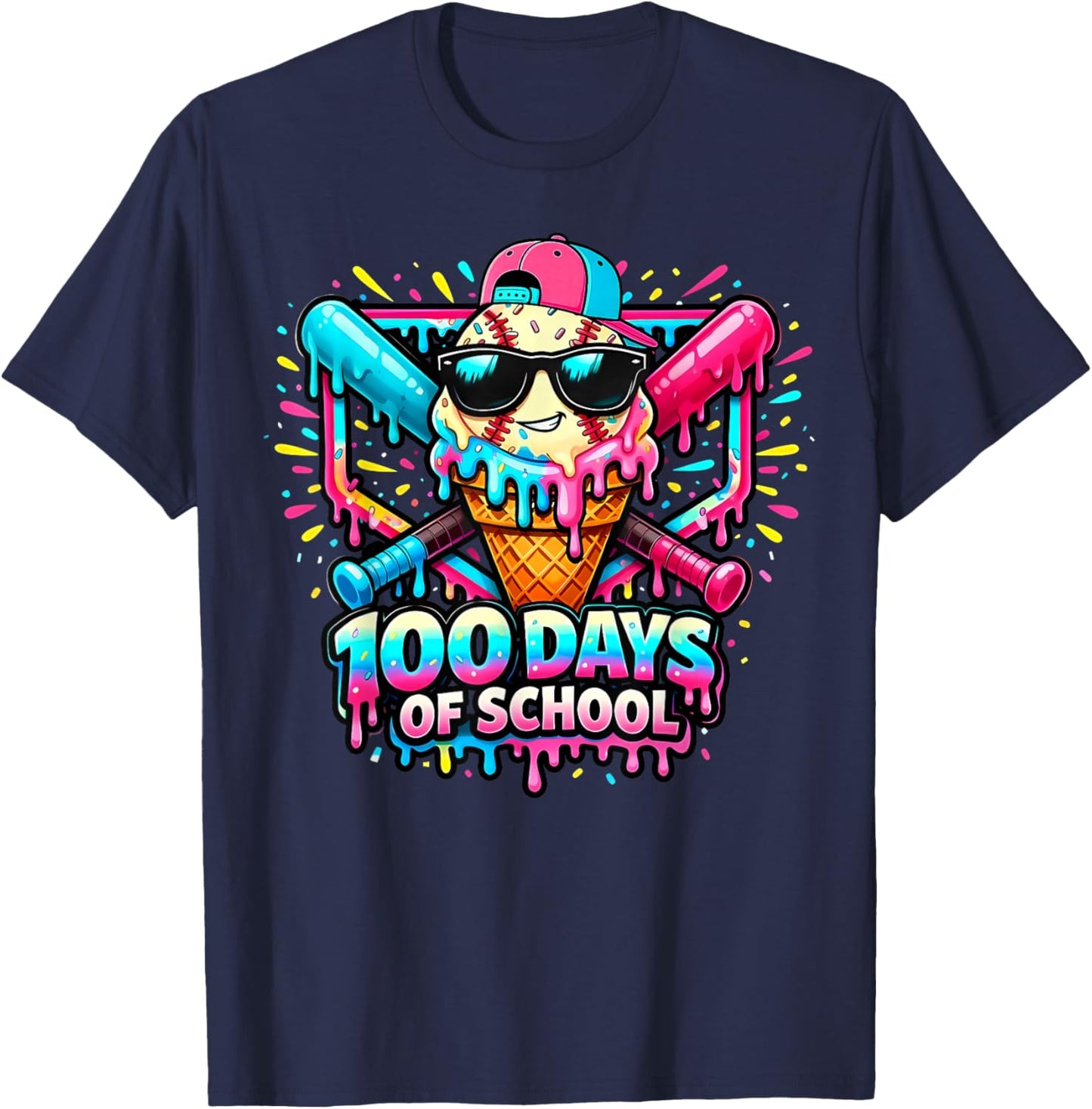 Baseball Ice Cream Drip 100 Days of School Boys Girls 100th T-Shirt - T-Shirt | Navy