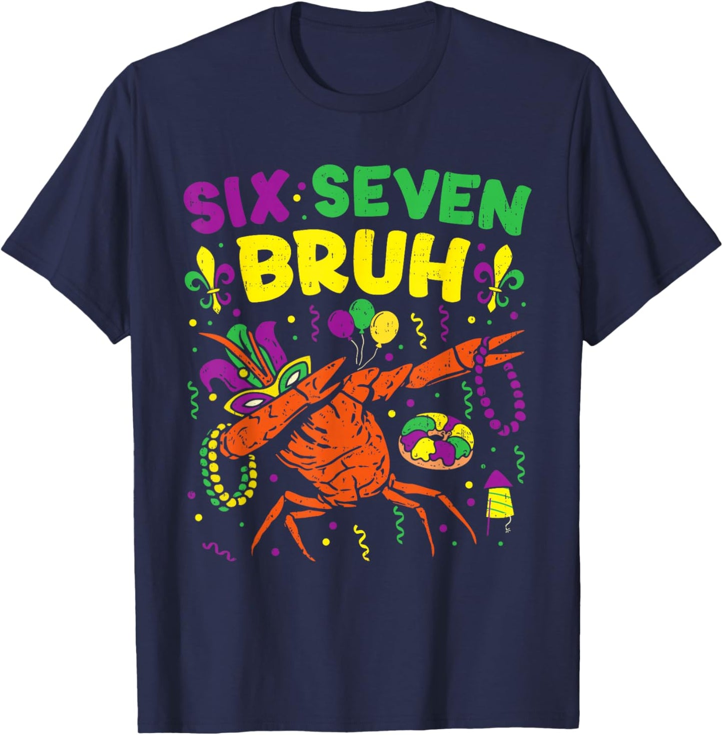 Boy Mardi Gras Six Seven Bruh Dabbing Crawfish Beads Kids T-Shirt - T-Shirt | Navy