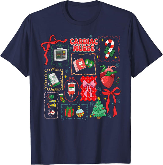 Stamp Bow Christmas Cardiac Nurse Heart Anatomy CVICU Crew T-Shirt - T-Shirt | Navy