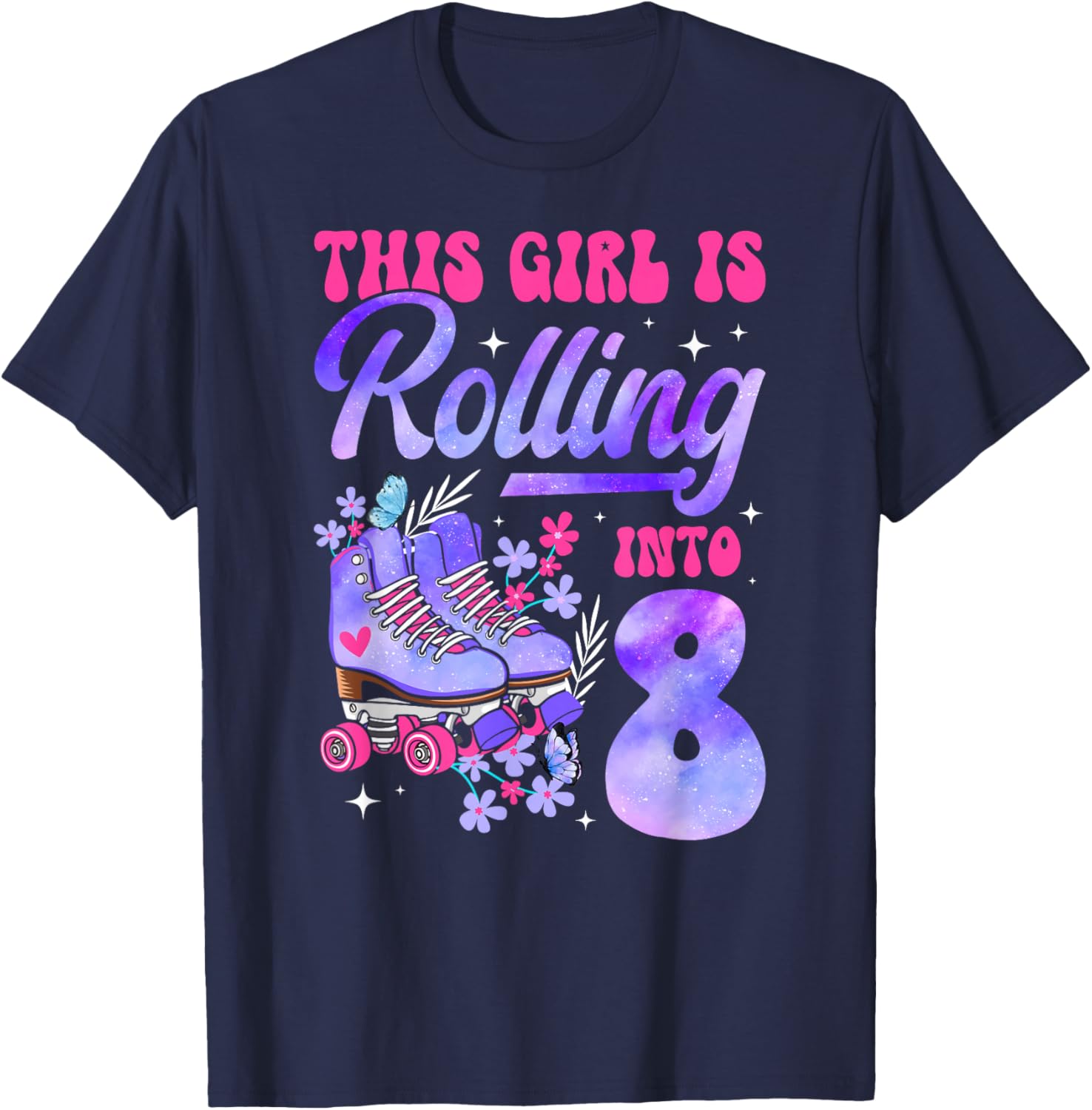 8th Roller Skate Birthday Eight Year Old Roller Skating Girl T-Shirt - T-Shirt | Navy