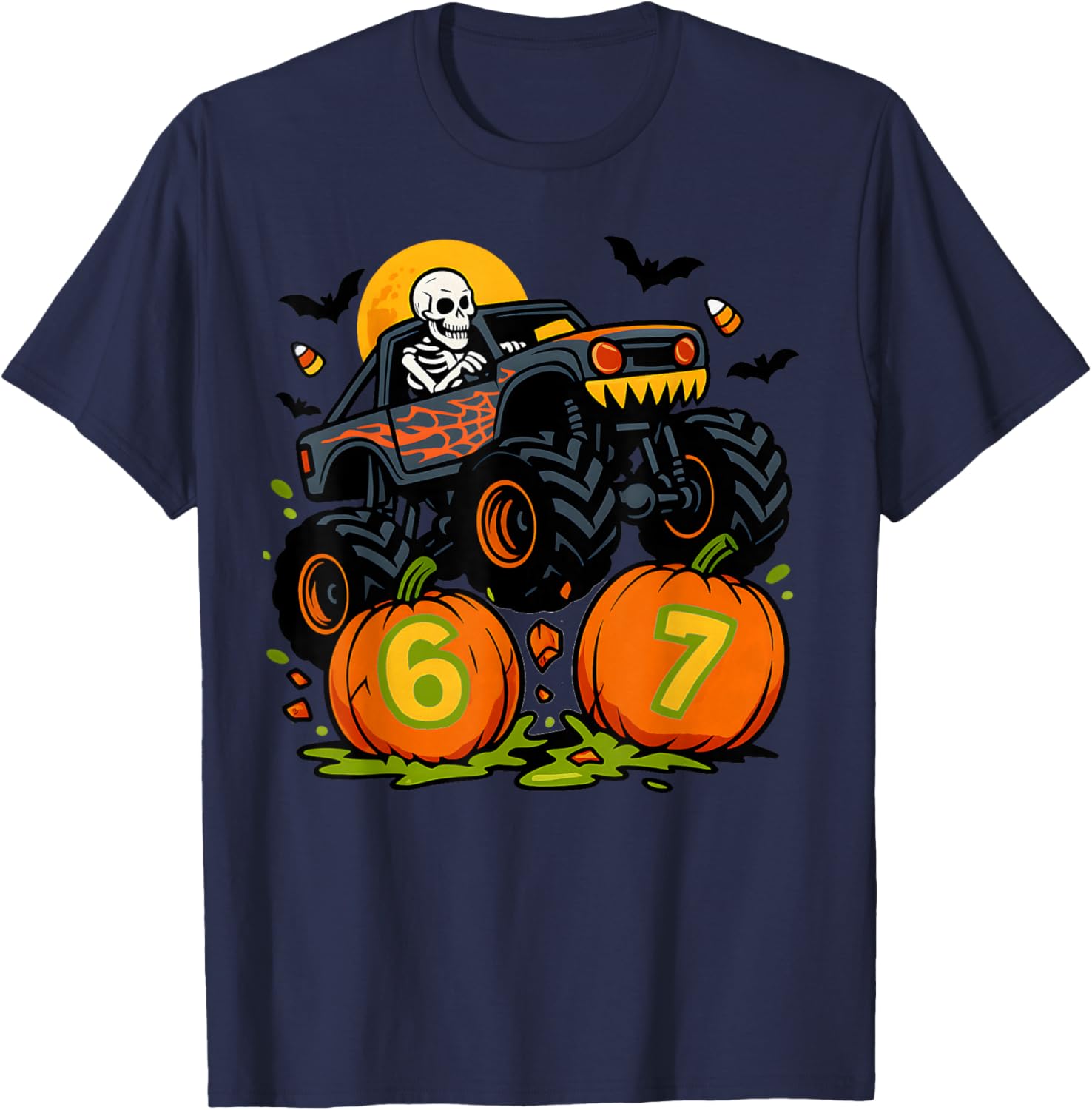 67 Halloween Monster Truck Skeleton Six Seven Meme Boys Kids T-Shirt - T-Shirt | Navy