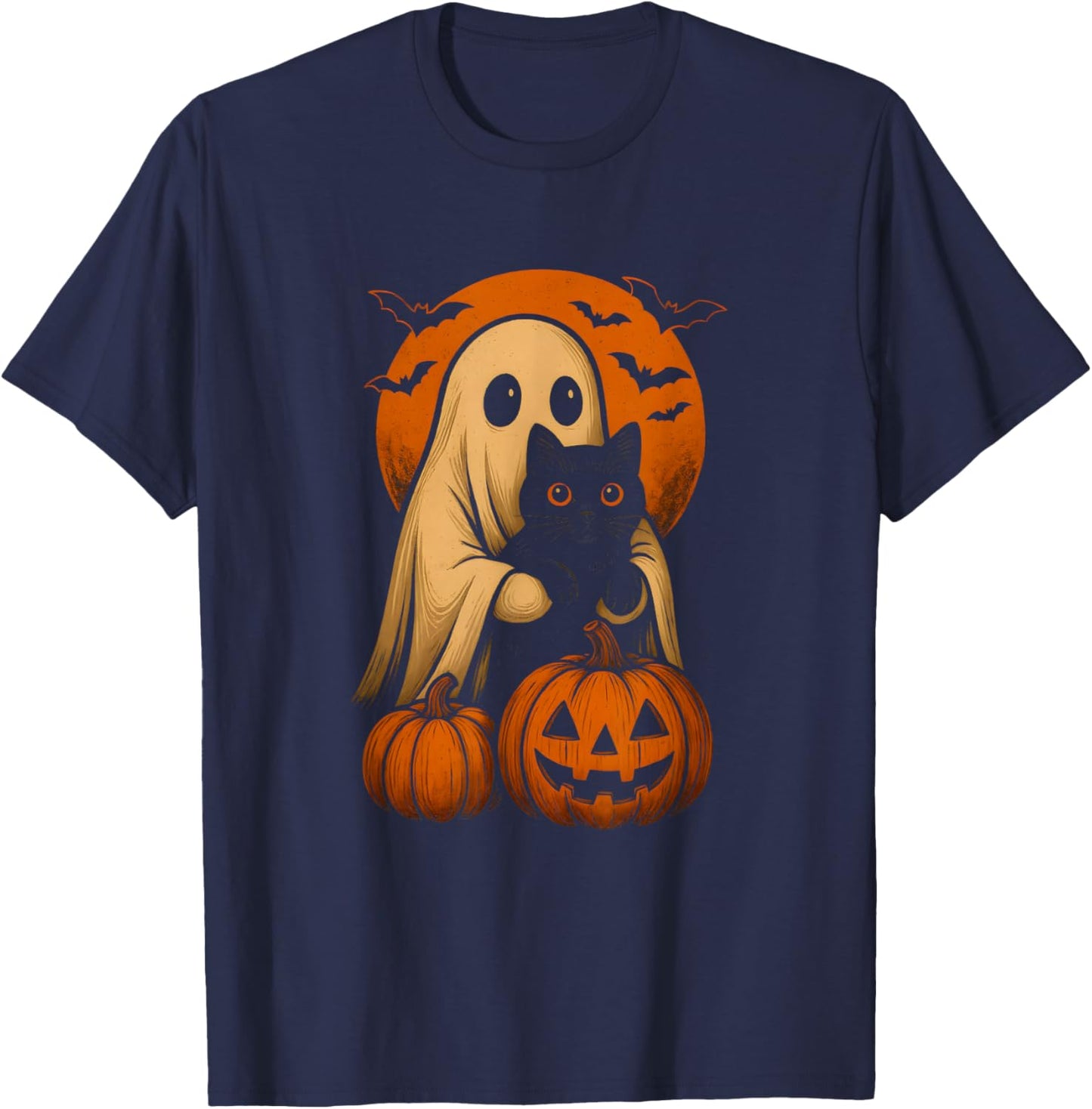 Cute Ghost and Cat with Pumpkin for Halloween Costume Party T-Shirt - T-Shirt | Navy