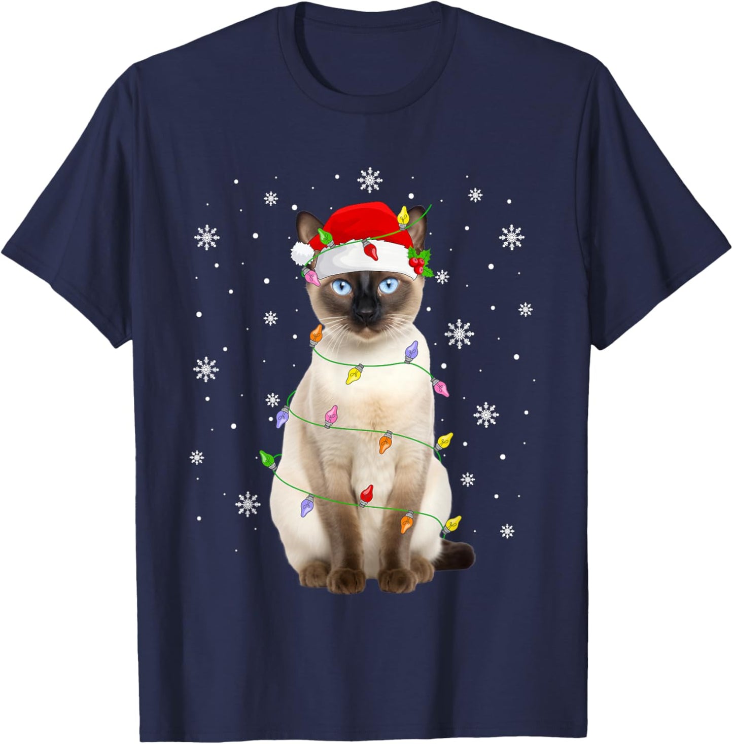 Siamese Cat Christmas Lights Funny Santa Hat Cat Lover Xmas T-Shirt - T-Shirt | Navy
