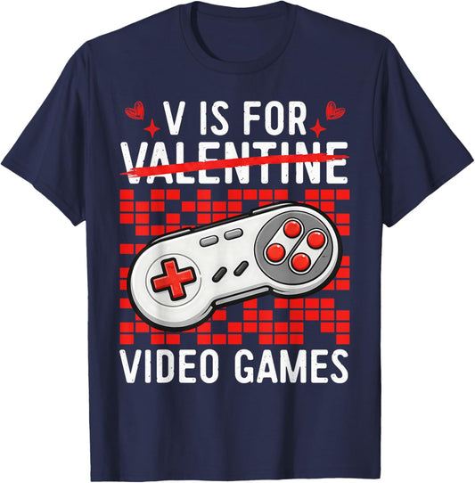 V is for Video Games Funny Gamer Valentines Days Men Boys T-Shirt - T-Shirt | Navy