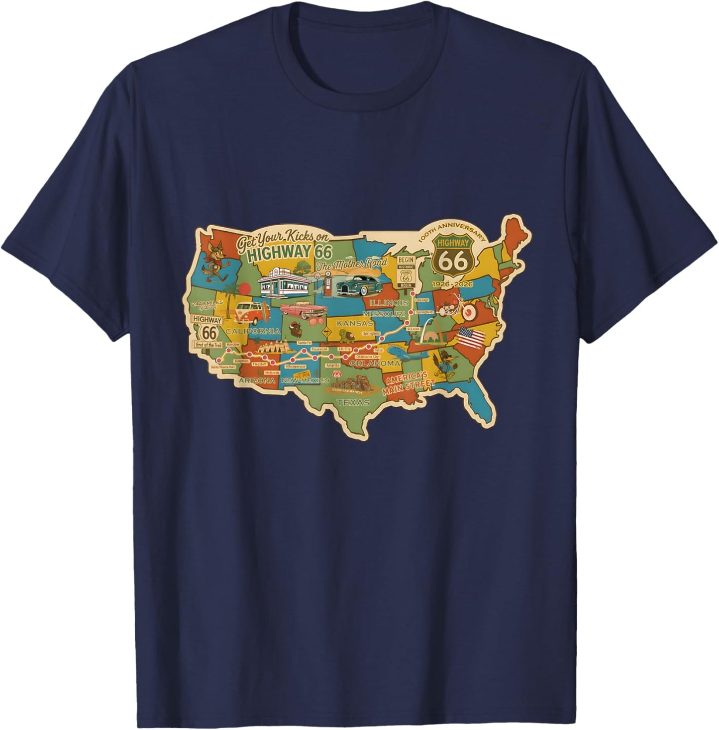 100th Anniversary Americana Highway Travel Map 1926 2026 T-Shirt - T-Shirt | Navy