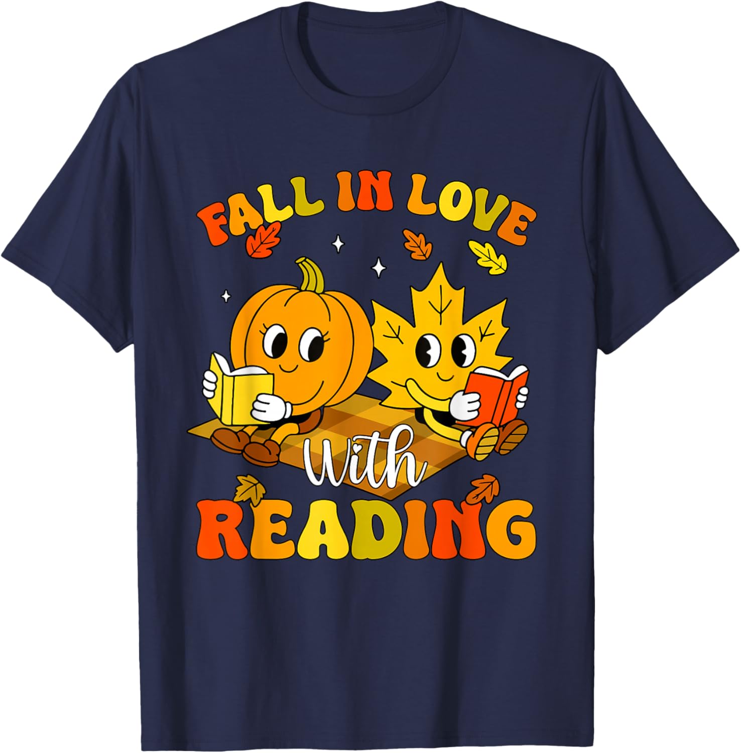 Retro Fall in Love with Reading Autumn Leaf Pumpkin Teacher T-Shirt - T-Shirt | Navy