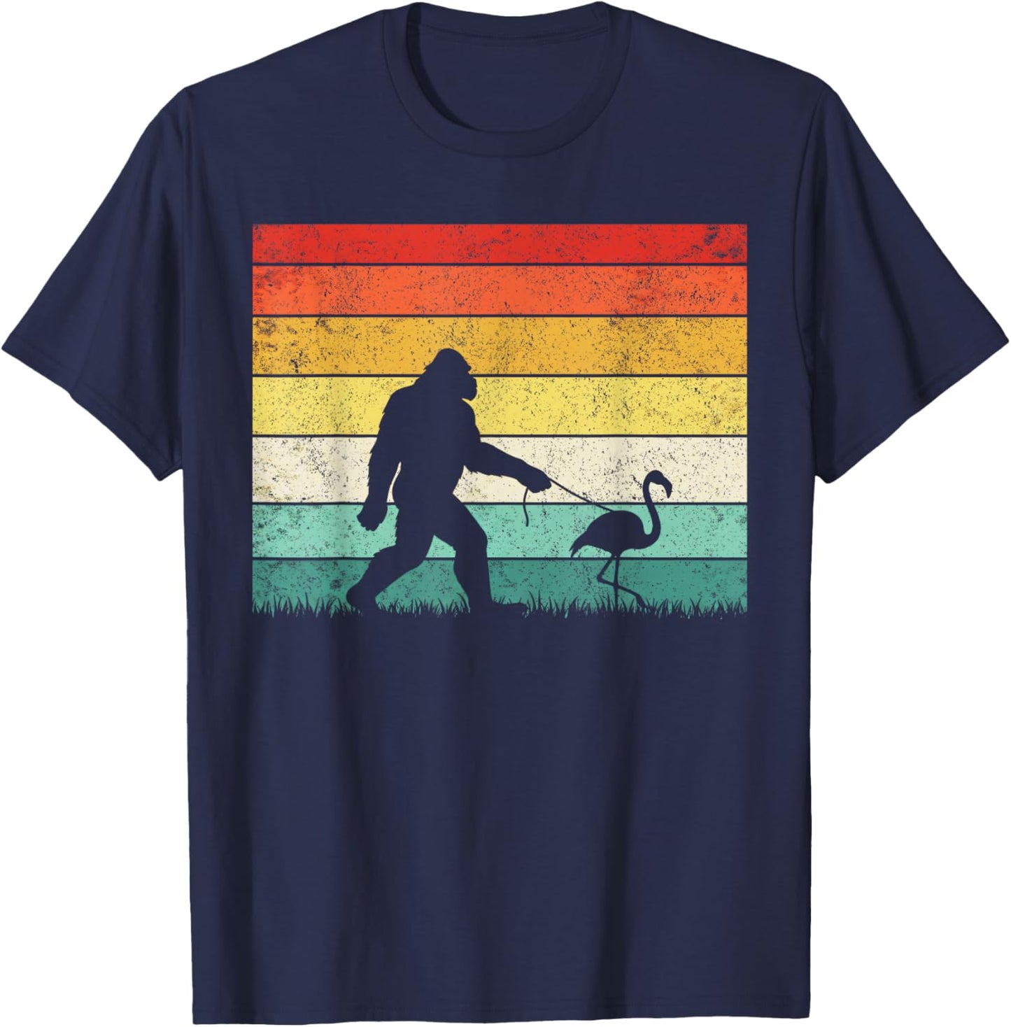 Bigfoot Walking with a Flamingo Cool pet Animal Vintage T-Shirt - T-Shirt | Navy