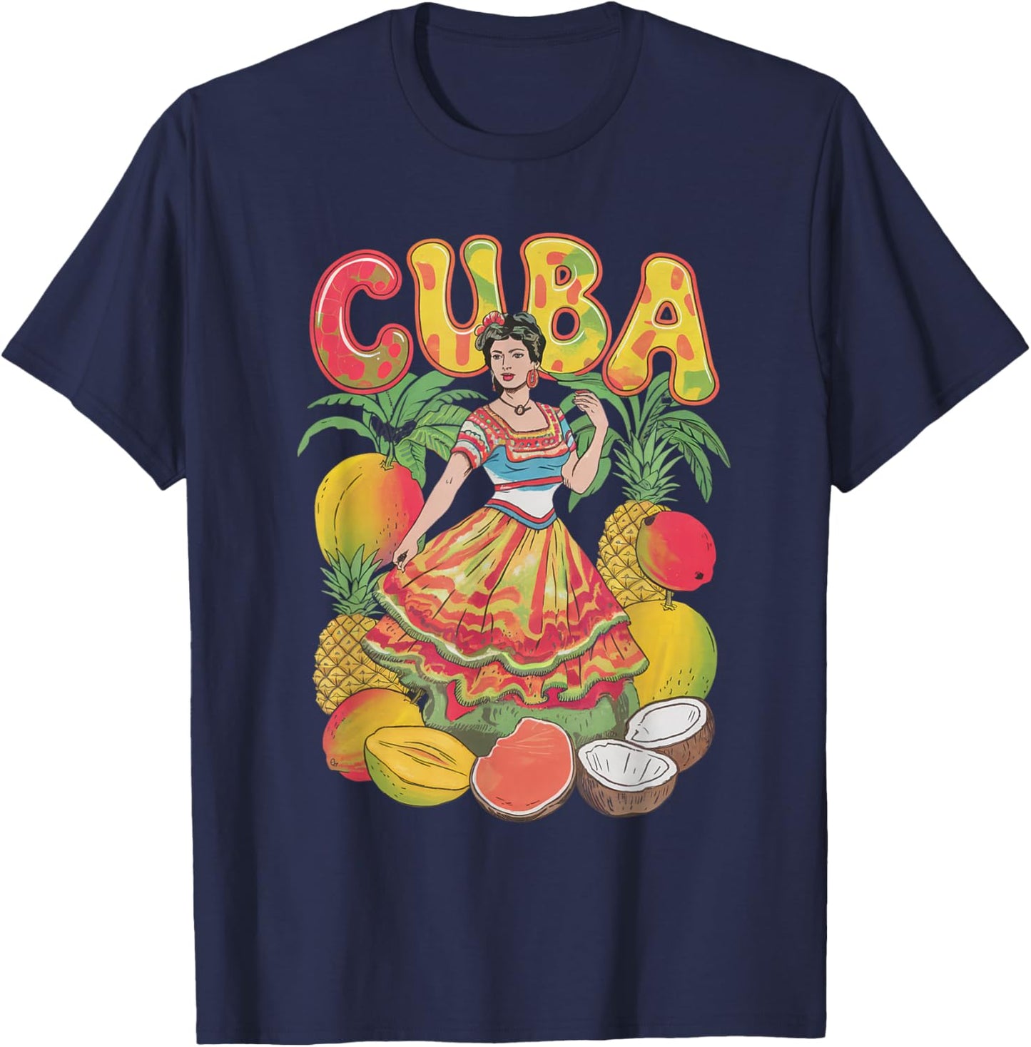 Cuba Cuban Girl Dress Tropical Flowers Heritage T-Shirt - T-Shirt | Navy