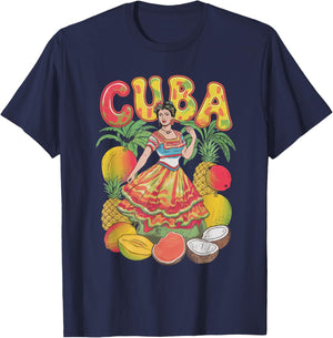 Cuba Cuban Girl Dress Tropical Flowers Heritage T-Shirt - T-Shirt | Navy