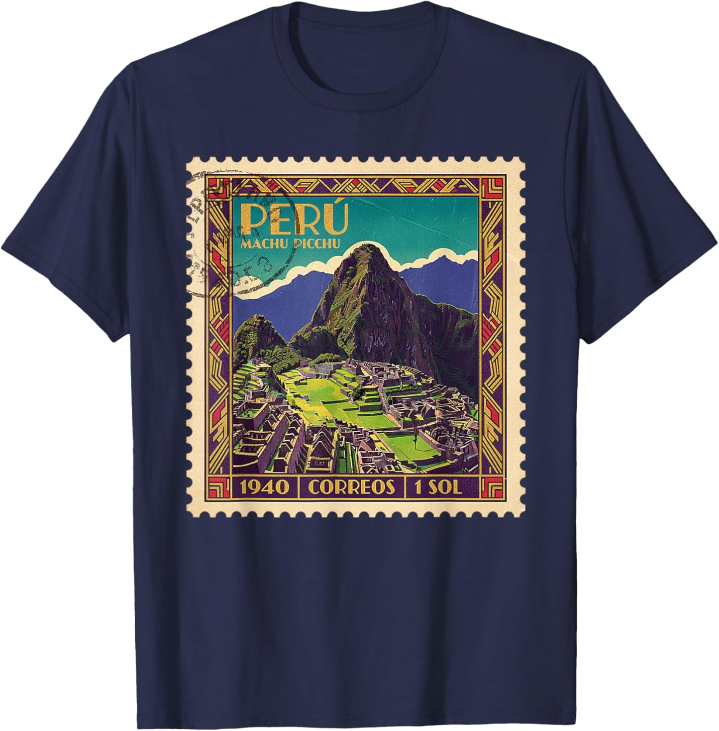 Peru Machu Picchu 1940 Vintage Postage Stamp Retro Travel T-Shirt - T-Shirt | Navy