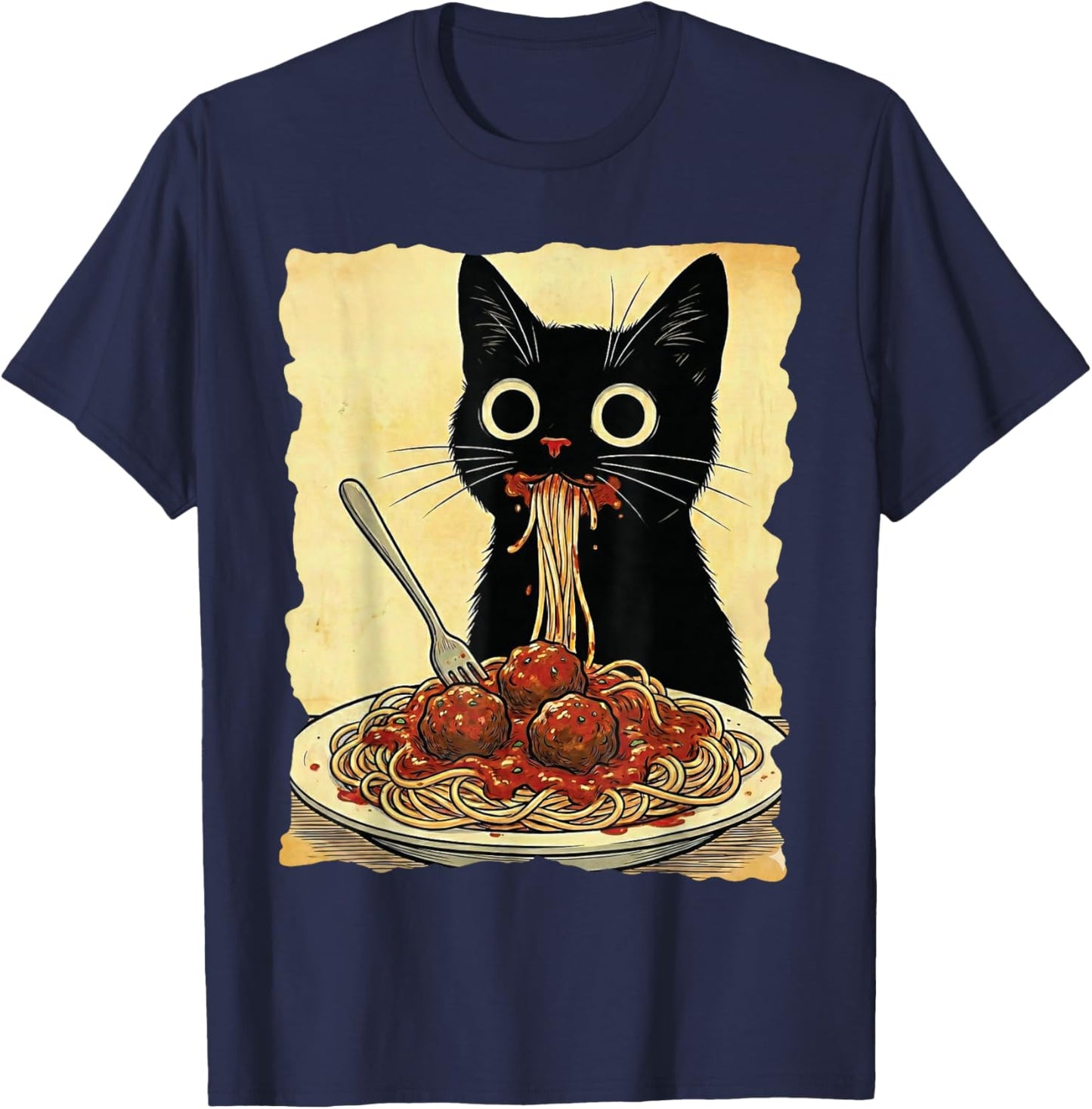 Cat Spaghetti and Meatballs Japanese Kawaii Anime T-Shirt - T-Shirt | Navy