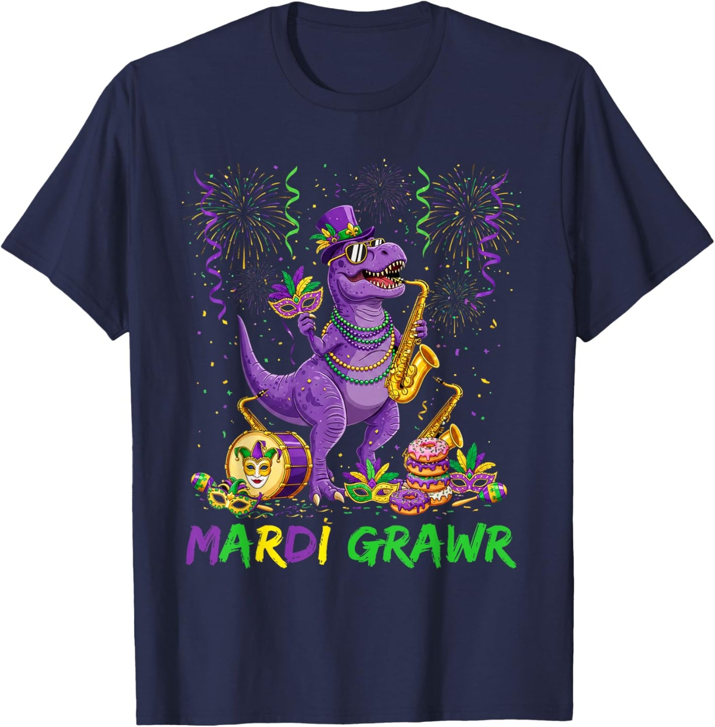 Mardi Grawr T Rex Dinosaur Funny Mardi Gras Men Boy Kid T-Shirt - T-Shirt | Navy