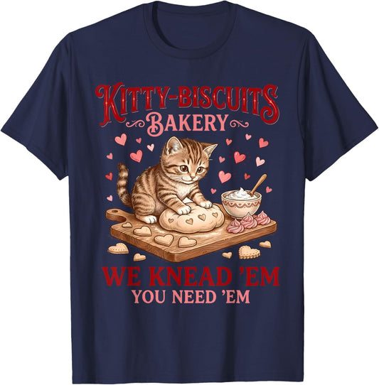 Retro Vintage Cat Kitty Biscuits Bakery Happy Valentines Day T-Shirt - T-Shirt | Navy