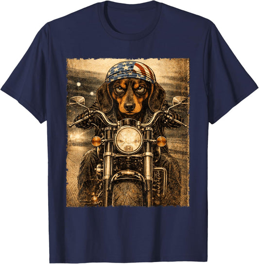 Vintage Dachshund Dog Biker Riding Classic Doxie Motorcycle T-Shirt - T-Shirt | Navy