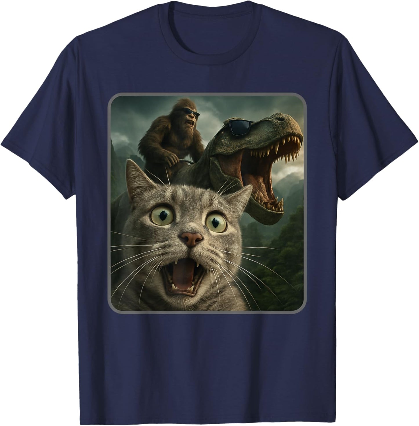 Funny Cat Selfie with Bigfoot Riding T-Rex Meme T-Shirt - T-Shirt | Navy