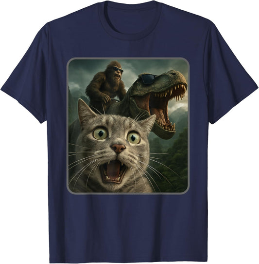 Funny Cat Selfie with Bigfoot Riding T-Rex Meme T-Shirt - T-Shirt | Navy