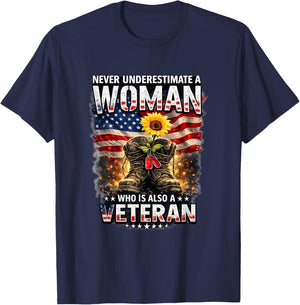 Never Underestimate a Women Also a Veteran Female Military T-Shirt - T-Shirt | Navy