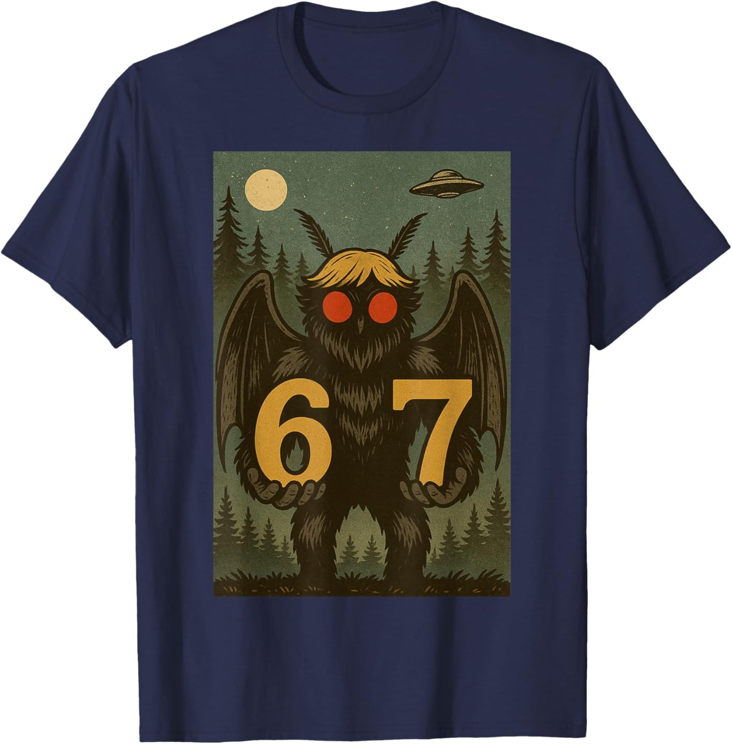 Six Seven Funny Mothman Cryptid 67 Viral Meme Men Women Kids T-Shirt - T-Shirt | Navy