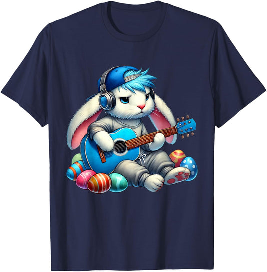 Bunny Playing Acoustic Guitar Easter Rabbit Women Men Kids T-Shirt - T-Shirt | Navy