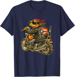 Funny Puerto Rico Biker Toad Motorcycle PR Flag Boricua Ride T-Shirt - T-Shirt | Navy
