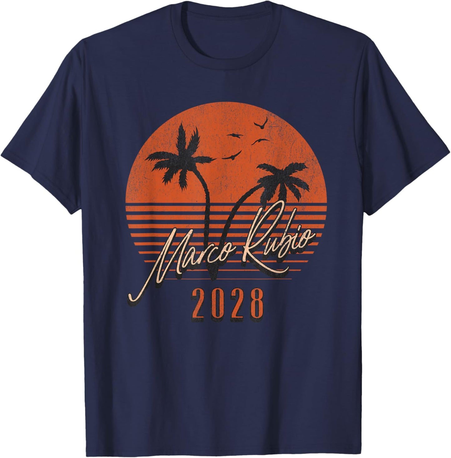 Marco Rubio 2028 Vintage Sunset Palm Tree Retro Election T-Shirt - T-Shirt | Navy