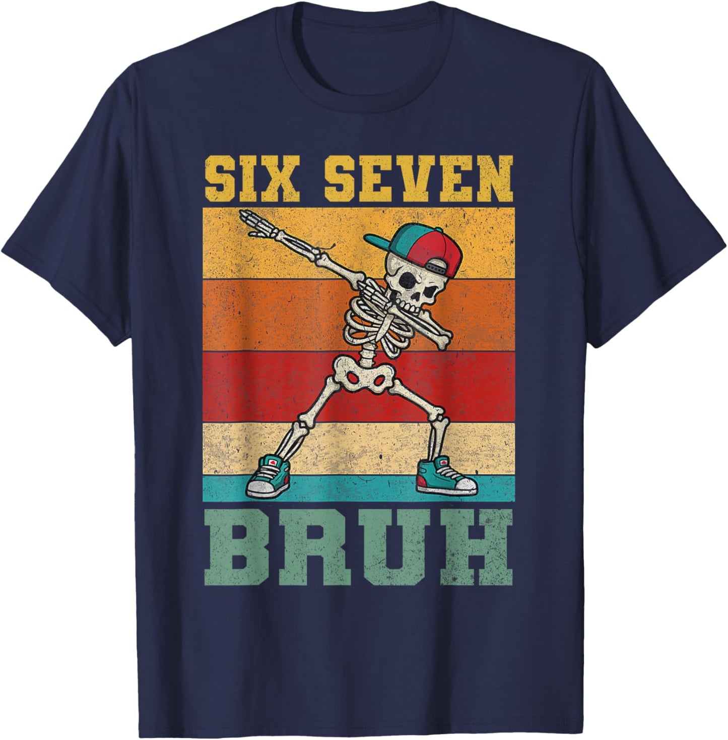 Six Seven 6 7 Bruh Skeleton Dabbing Boys Kids Vintage Meme T-Shirt - T-Shirt | Navy