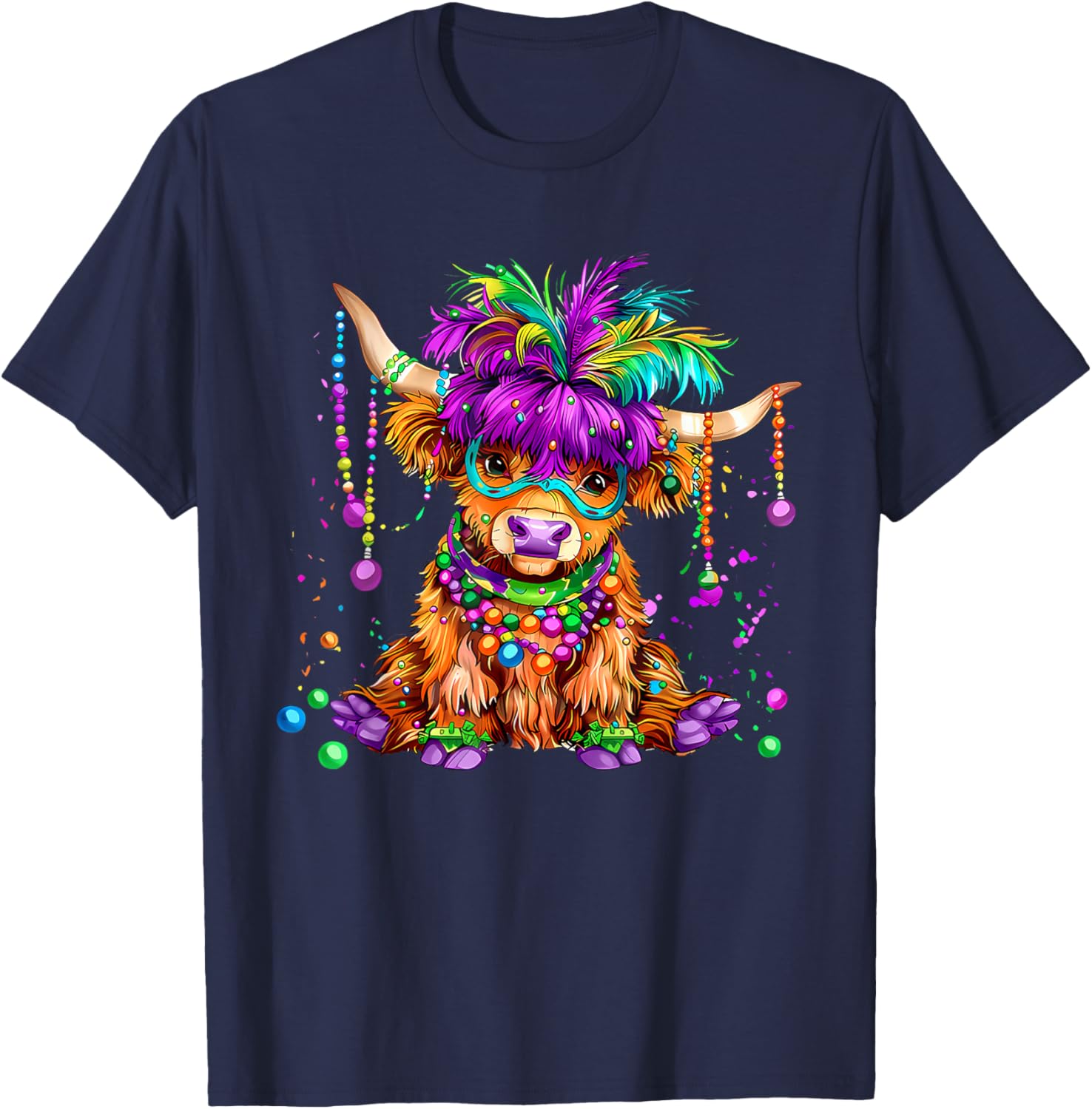 Cute Mardi Gras Highland Cow Moody Gras Women Girl Kid T-Shirt - T-Shirt | Navy