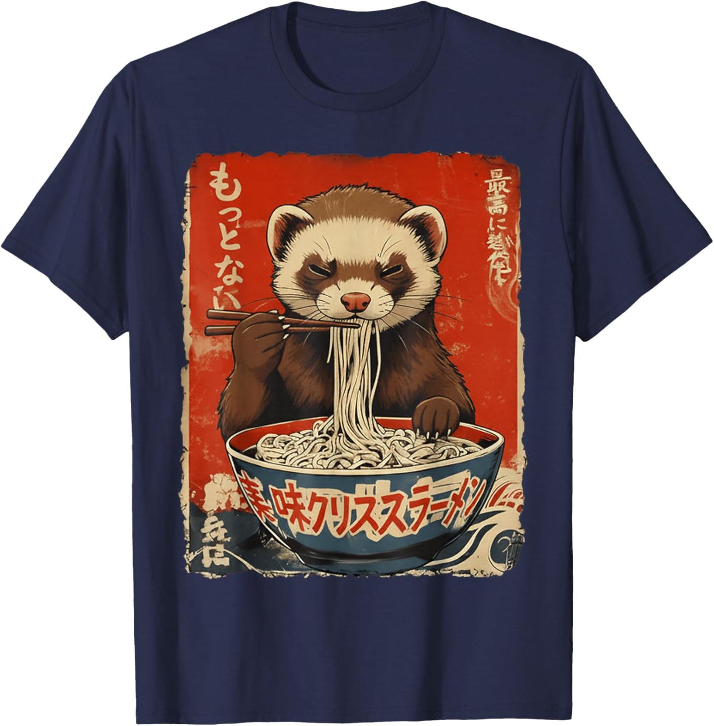 Ferret Eating Ramen Noodles Ukiyo-e Cute T-Shirt - T-Shirt | Navy