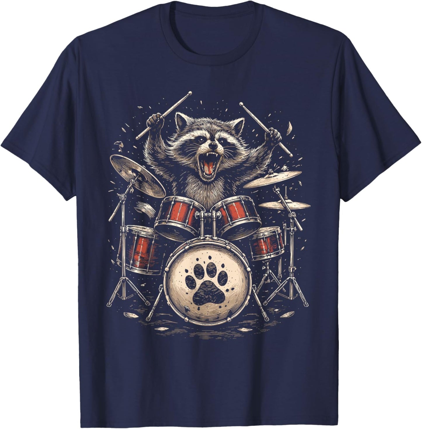 Raccoon Drummer Rock Band Animal Graphic T-Shirt - T-Shirt | Navy