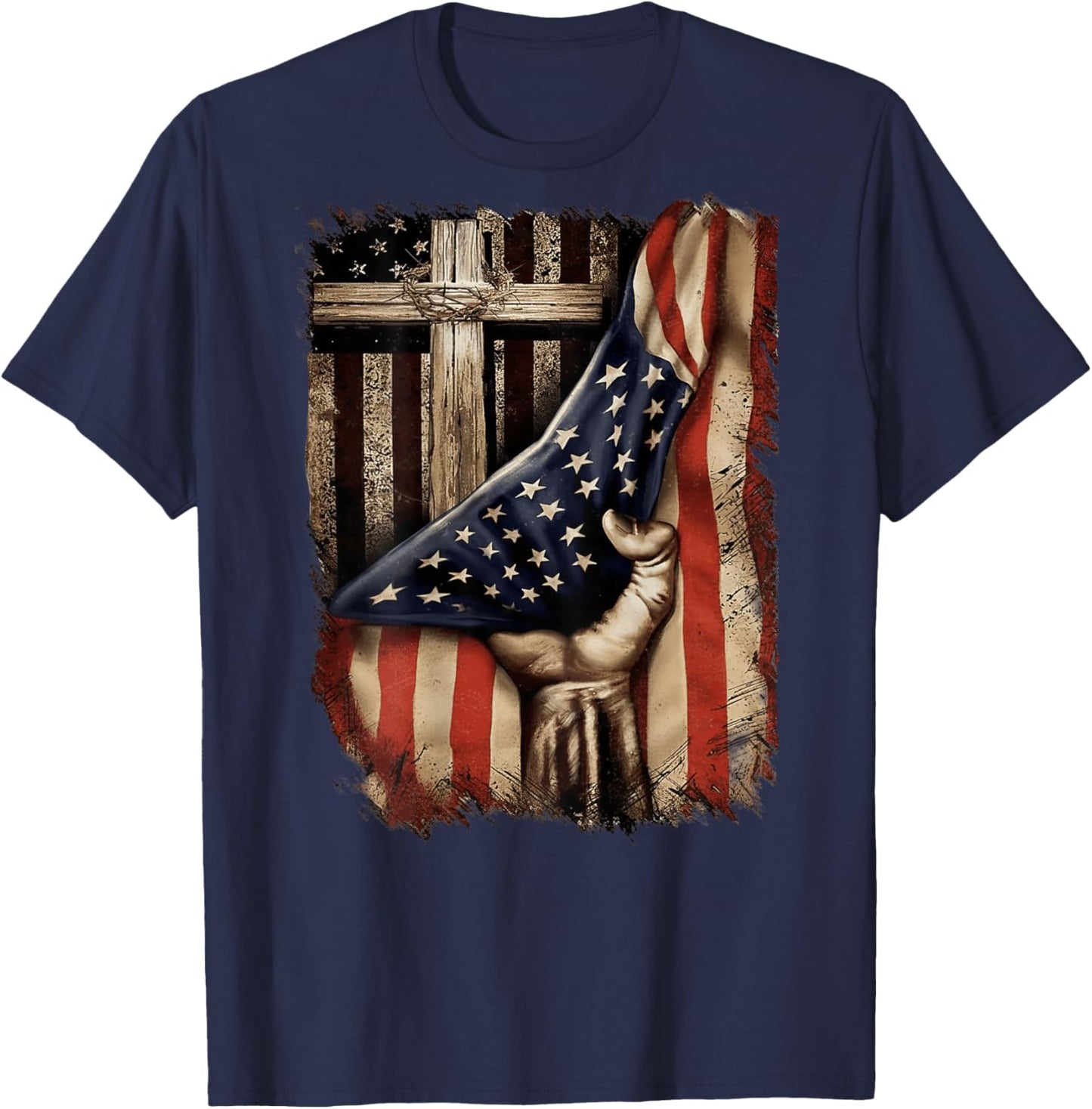 American USA Flag Christian Cross Patriotic (On Back) T-Shirt - T-Shirt | Navy
