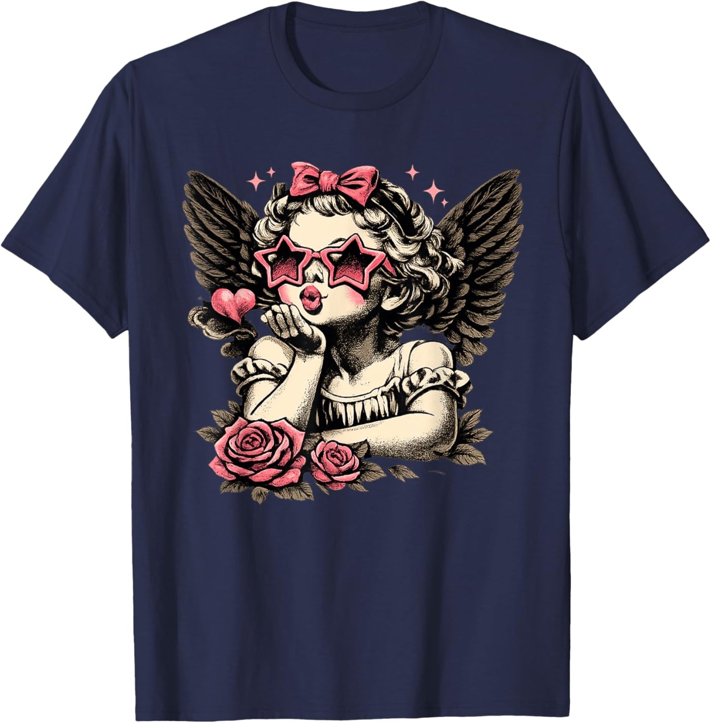 Retro Valentine Day Cute Vintage Cupid Blowing Kiss Star T-Shirt - T-Shirt | Navy