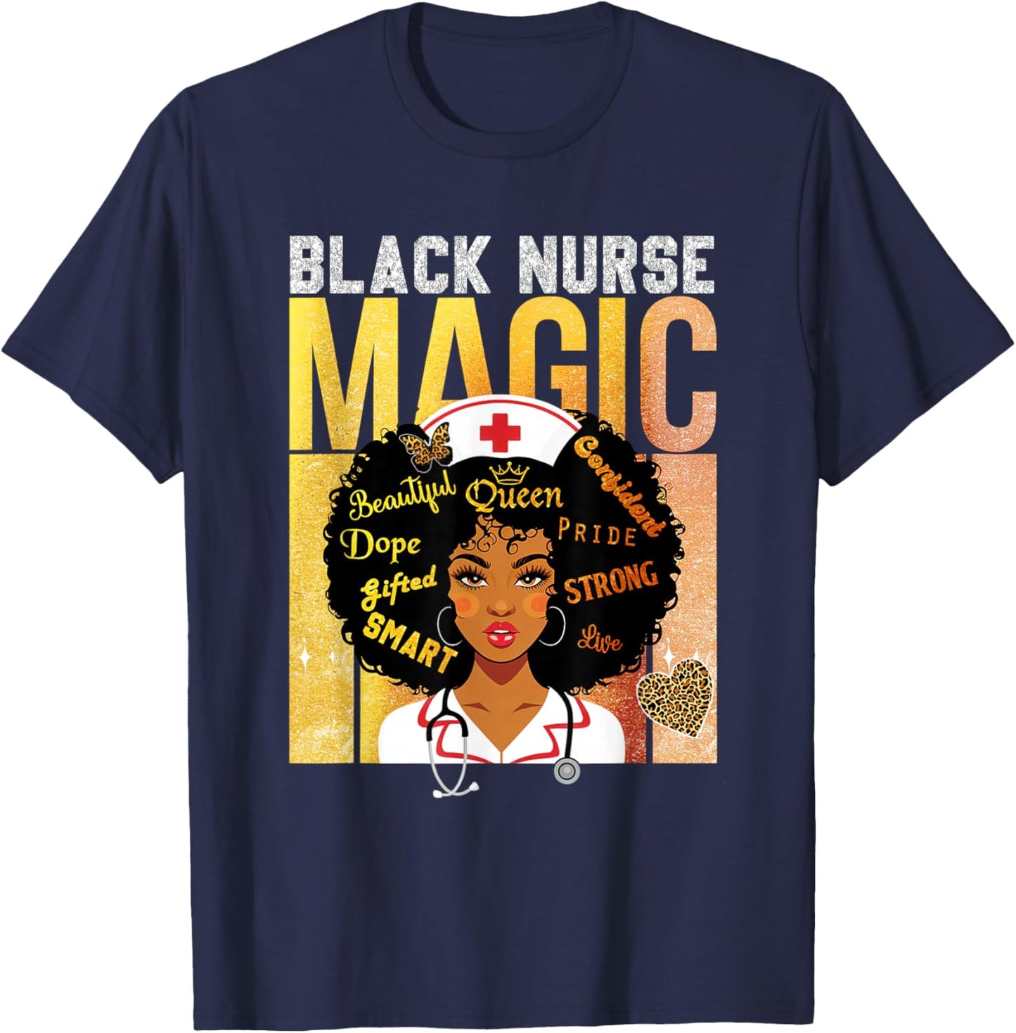 Black Nurse Magic Pride Afro Queen BHM Shirt Nursing T-Shirt - T-Shirt | Navy