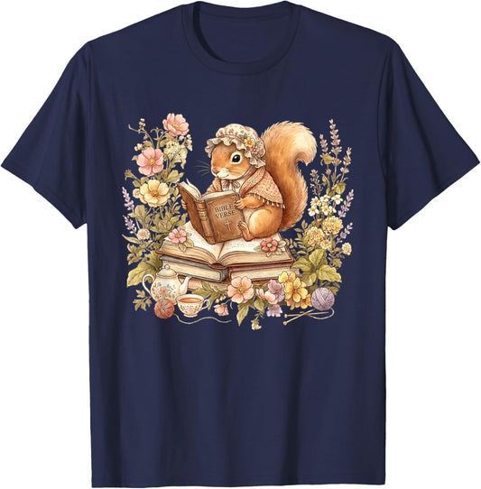 Cottagecore Grandmacore Squirrel Reading Book Lover Mom T-Shirt - T-Shirt | Navy