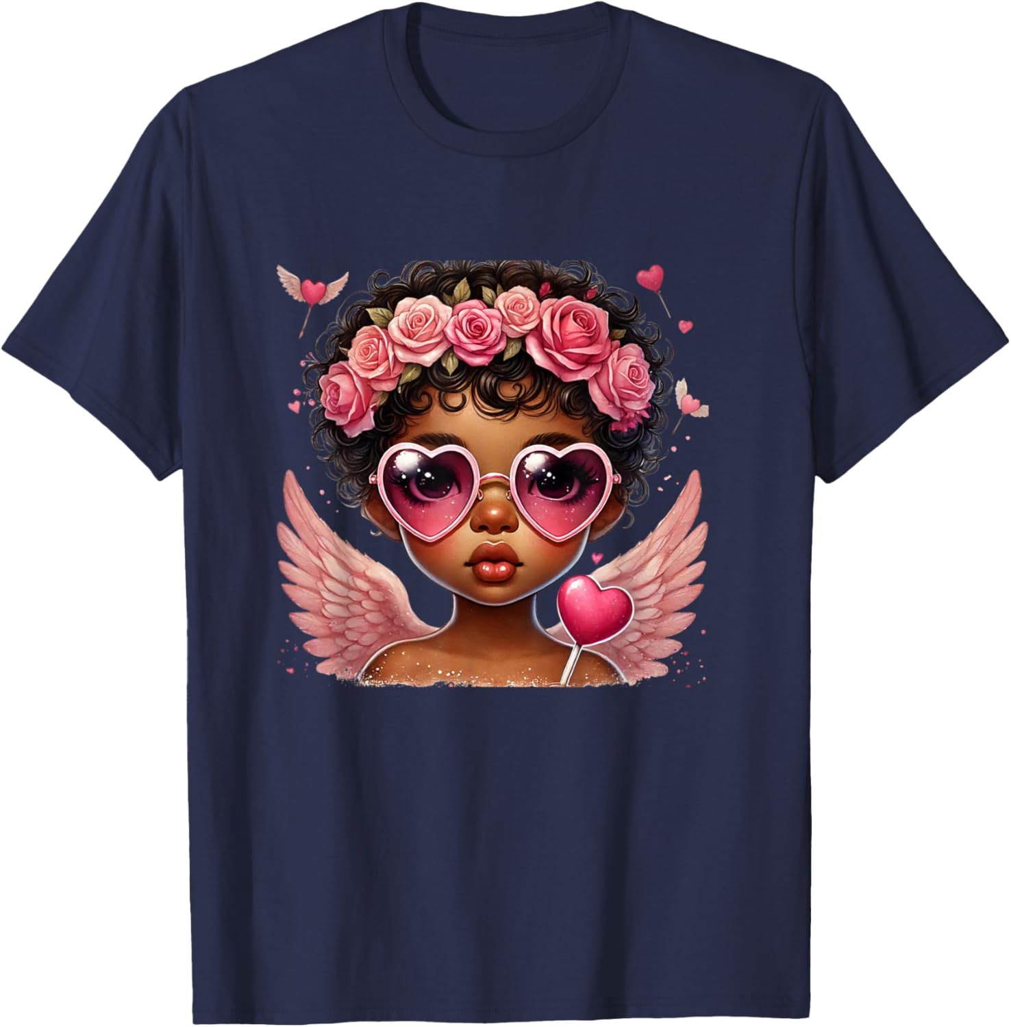 Afrocentric Black Cupid Cute Valentine Art T-Shirt - T-Shirt | Navy