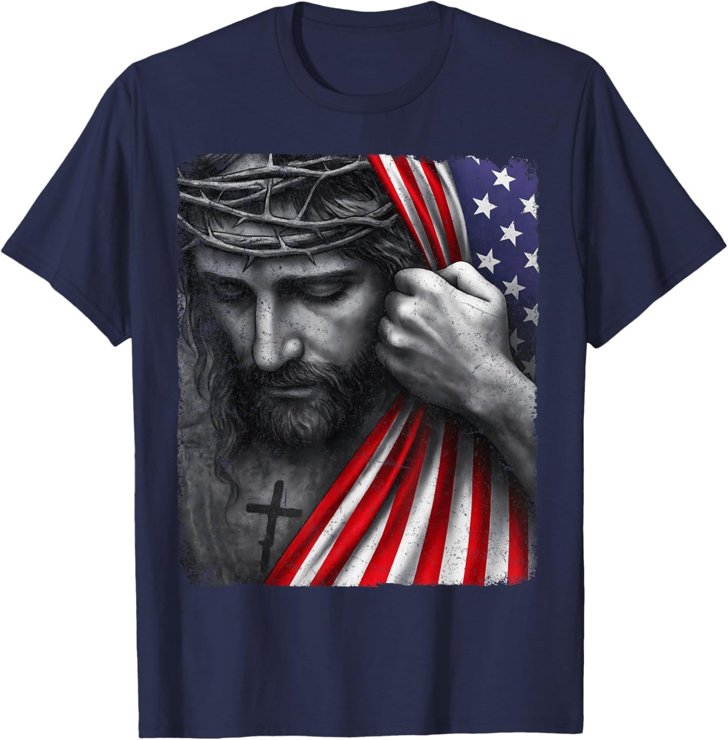Jesus Faith Cross Crown America Patriotic Heritage Flag T-Shirt - T-Shirt | Navy