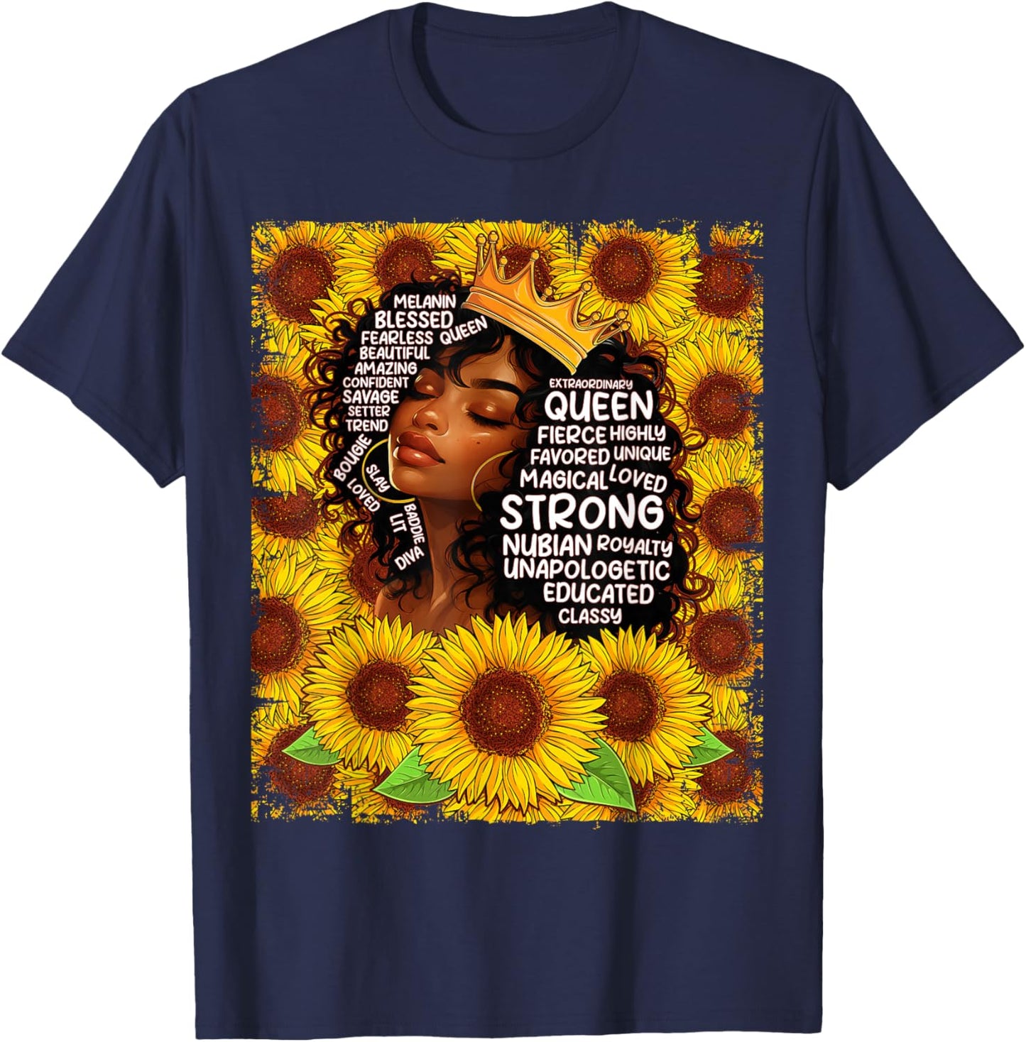 Black History Month Black Queen Afro Women Girls Sunflowers T-Shirt - T-Shirt | Navy