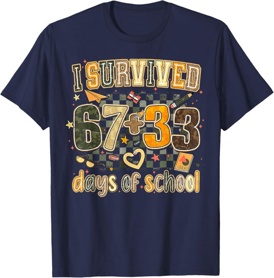 I Survived 67 + 33 100 Days of School Funny Math Meme Camo T-Shirt - T-Shirt | Navy