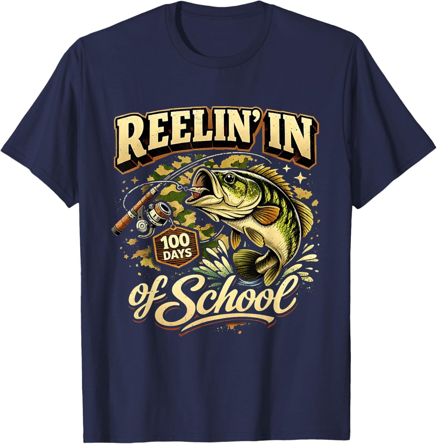 Reelin in 100 Days of School Fishing Fun T-Shirt - T-Shirt | Navy