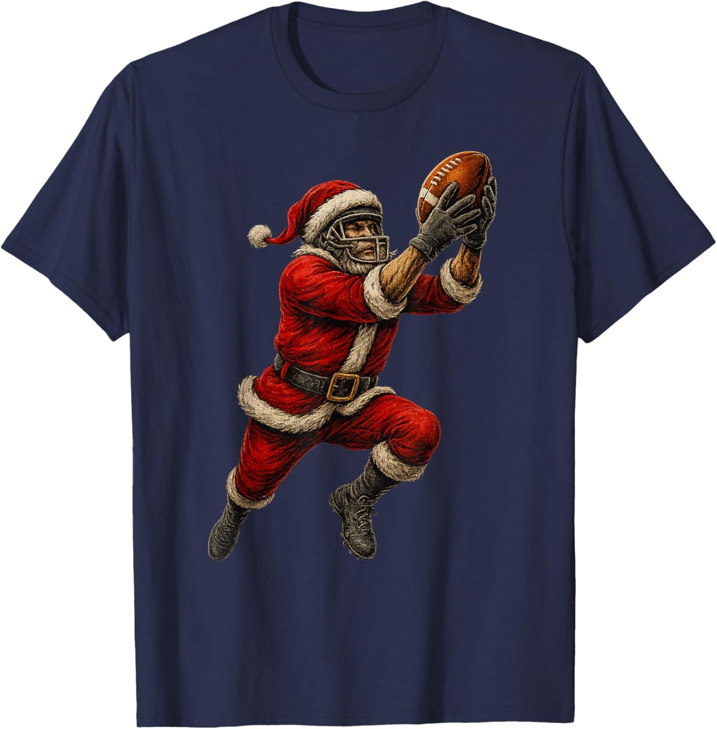 Santa Claus Playing American Football Christmas Football Fan T-Shirt - T-Shirt | Navy