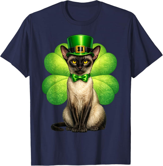 Shamrock Cat Siamese St Patricks Day Irish cat Lovers T-Shirt - T-Shirt | Navy