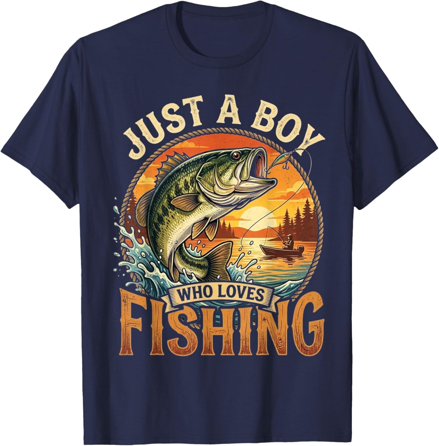 Just A Boy Who Loves Fishing Funny Fishing Bass Angler T-Shirt - T-Shirt | Navy